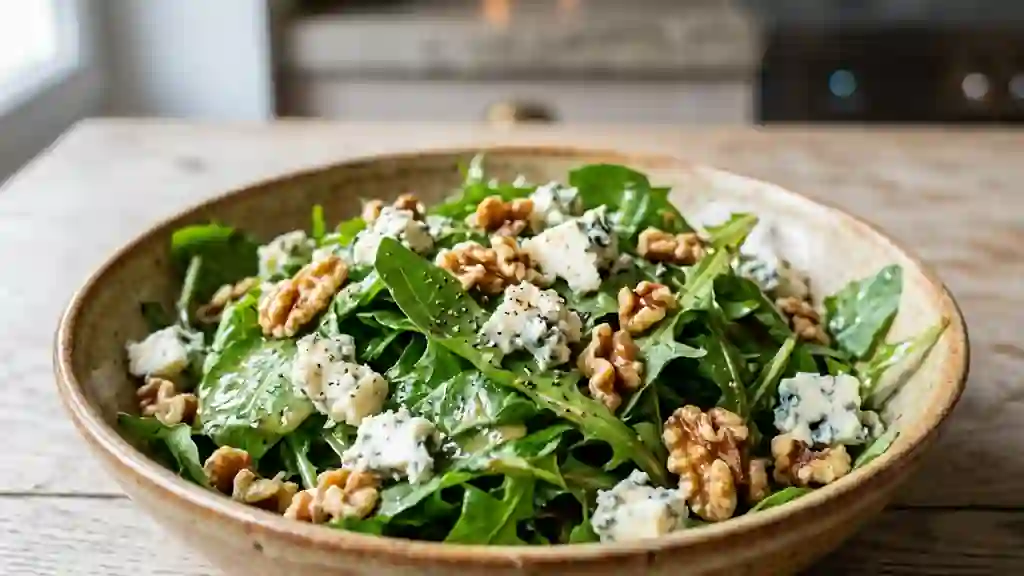 Salade de pissenlits, bleu et noix croquantes - Photo de présentation