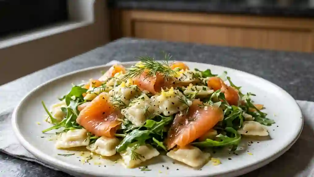 Ravioles au saumon et roquette croquante - Photo de présentation