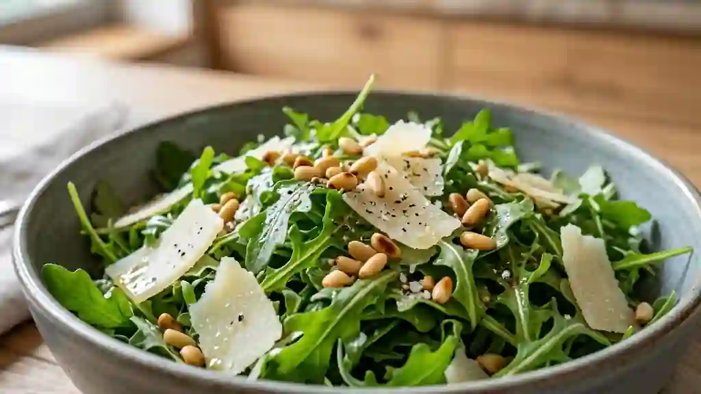 Roquette poivrée, copeaux de parmesan et pignons - Photo de présentation