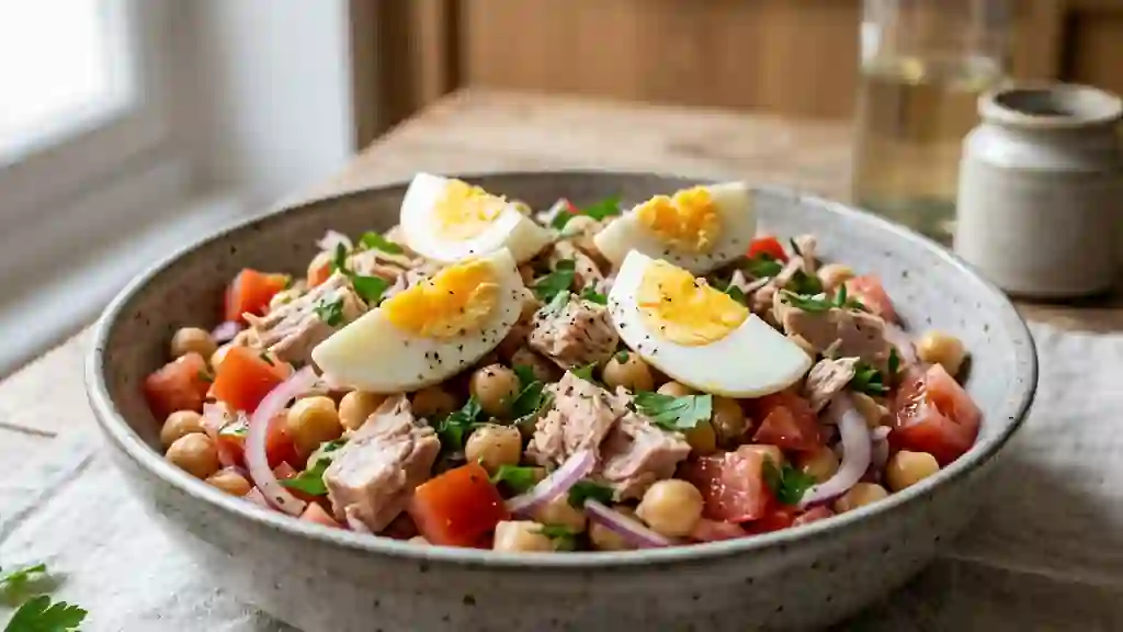 Salade de thon, pois chiches et œufs fondants - Photo de présentation