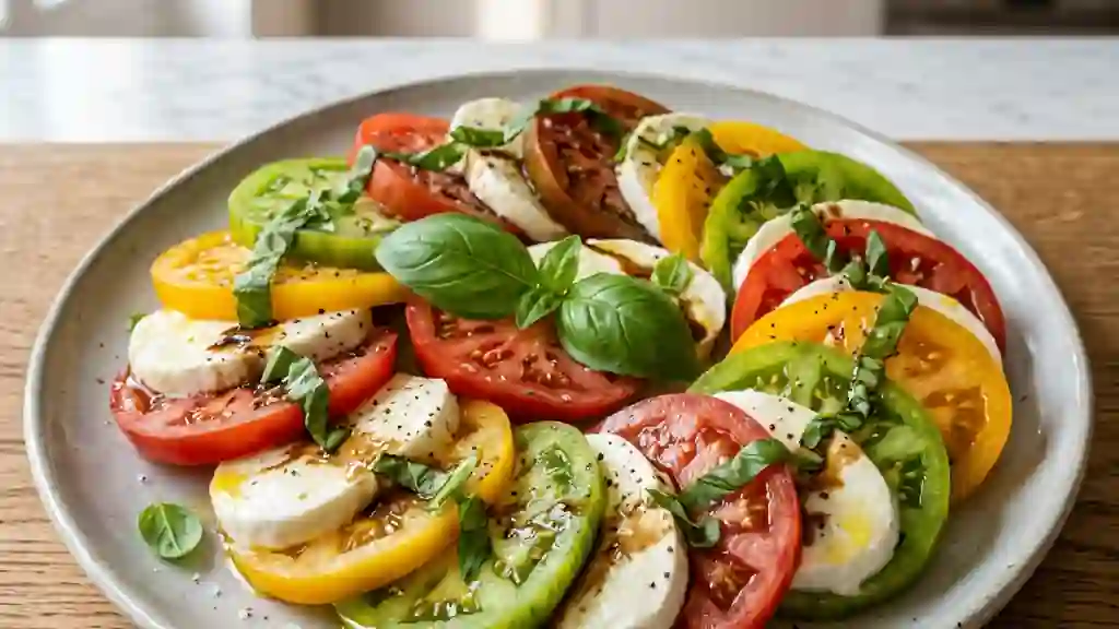 Tomates anciennes et mozzarella fondante - Photo de présentation