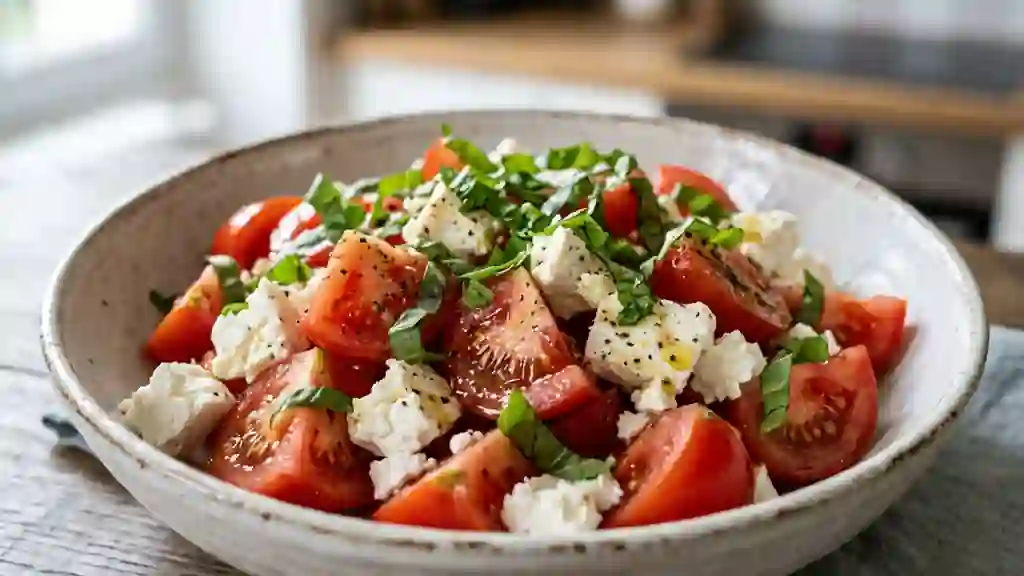 Tomates juteuses et feta créme émiettée au basilic - Photo de présentation