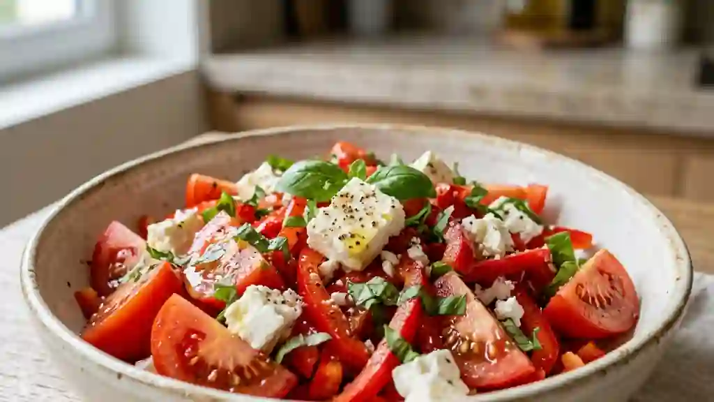 Tomates juteuses, feta crémeuse et poivrons - Photo de présentation