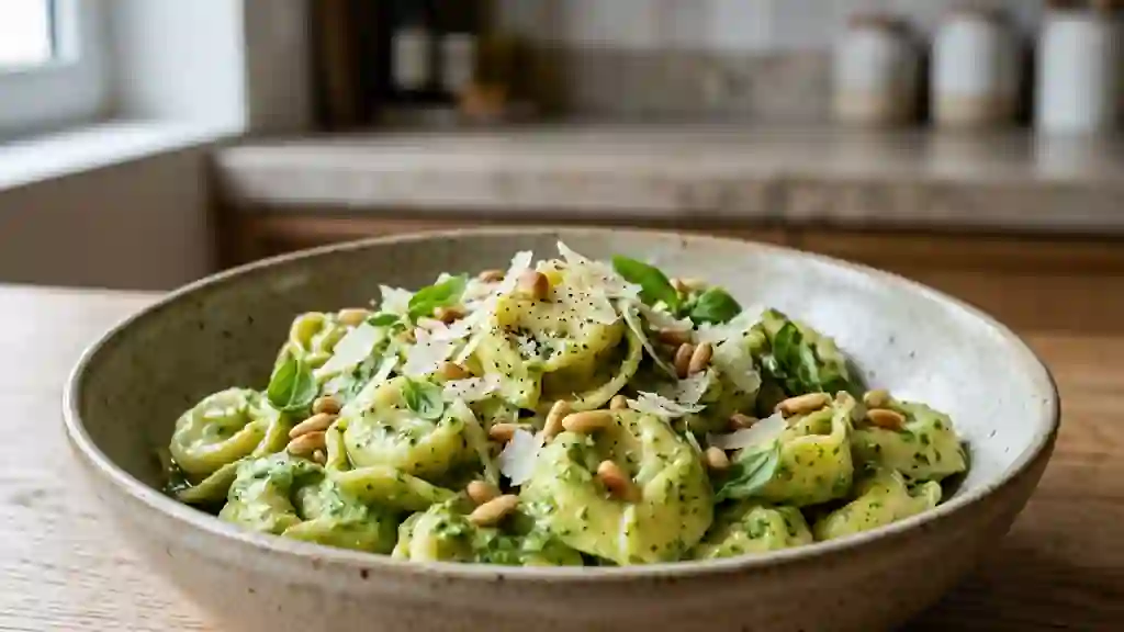 Tortellini fondants au pesto vert et pignons - Photo de présentation
