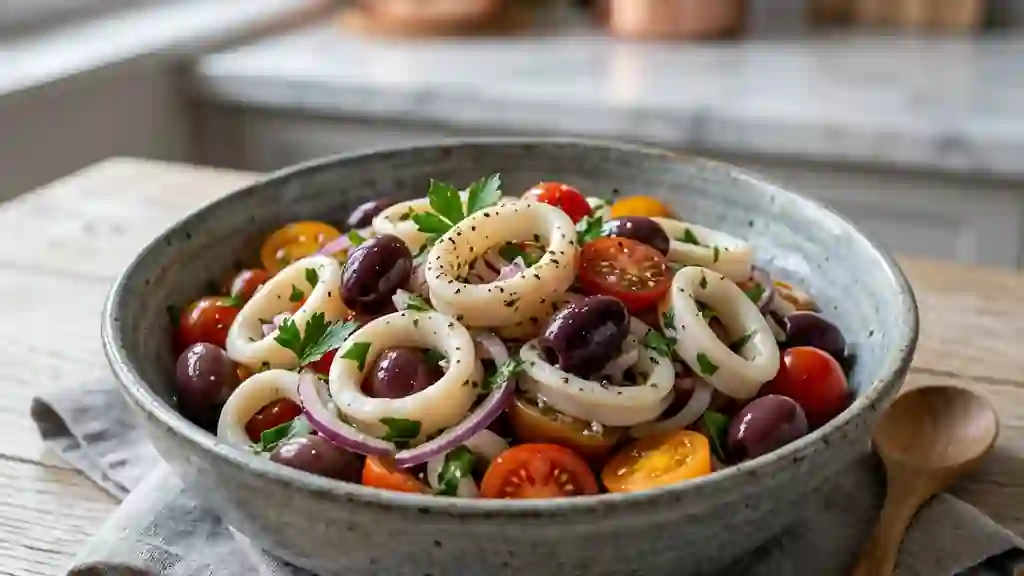 Salade d'encornets citronnés et olives noires - Photo de présentation
