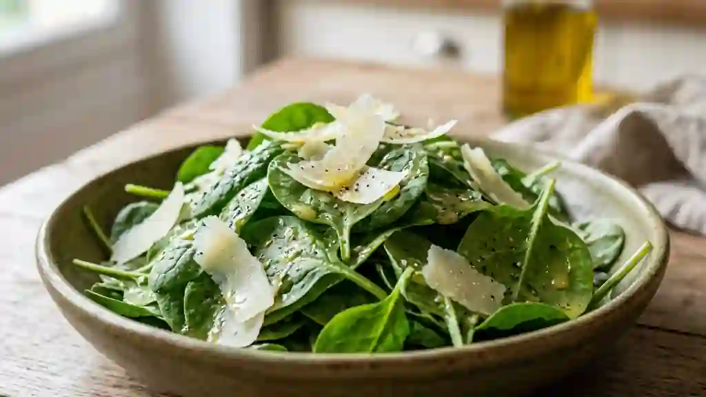 Salade d'épinards frais et copeaux de parmesan - Photo de présentation