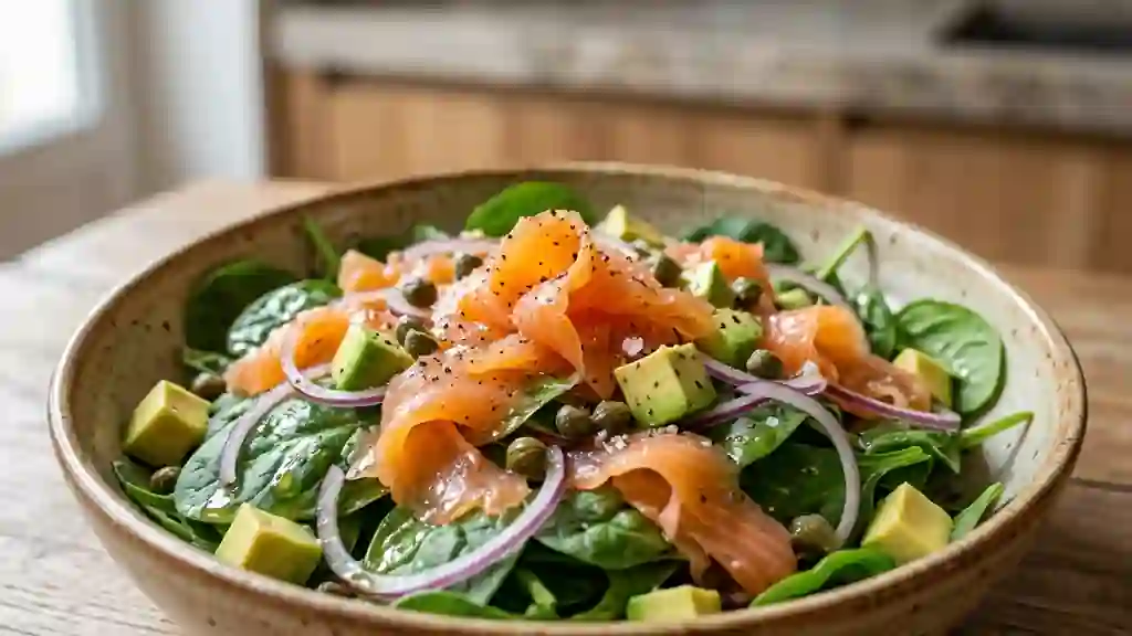 Épinards frais, saumon fumé et avocat fondant - Photo de présentation