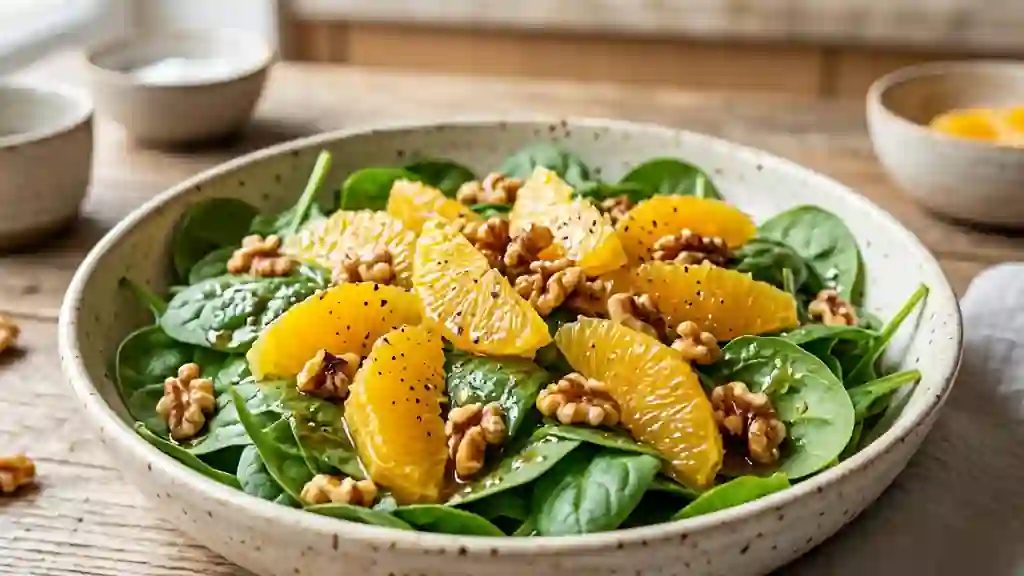 Épinards frais et oranges aux éclats de noix - Photo de présentation