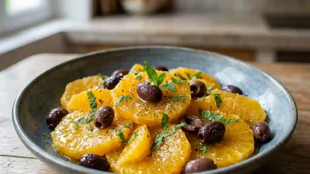 Salade d'oranges juteuses, olives et menthe - Photo de présentation