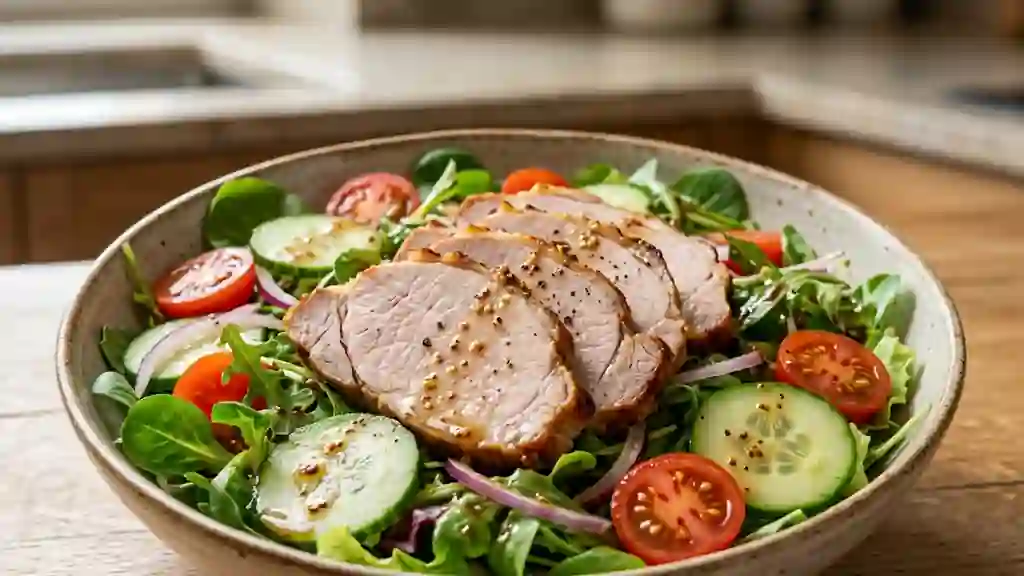 Salade de rôti de porc fondante et crudités - Photo de présentation