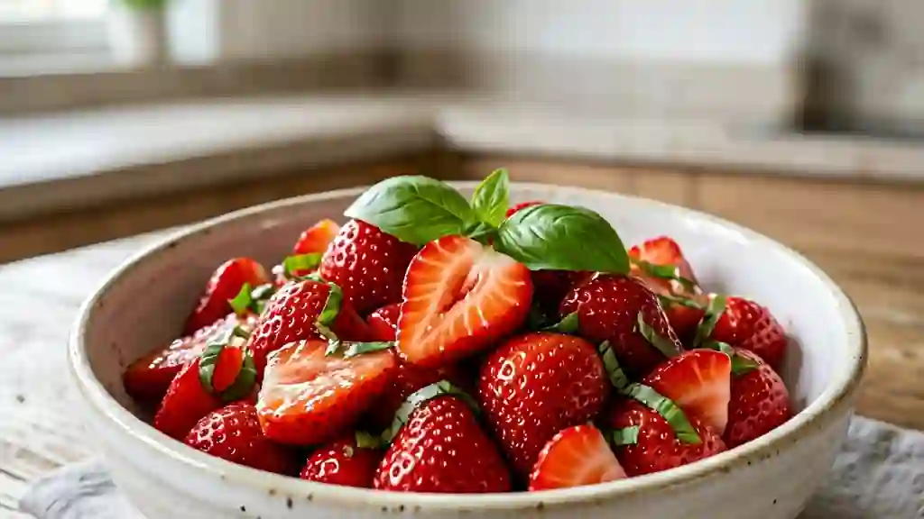Fraises fondantes au basilic frais et citron - Photo de présentation