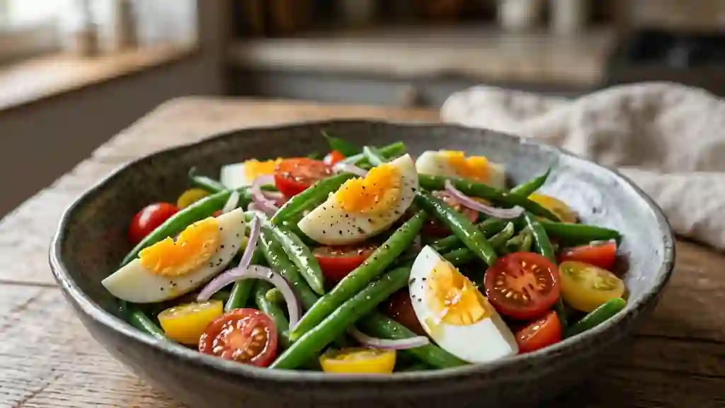 Haricots verts croquants, tomates et œuf dur - Photo de présentation