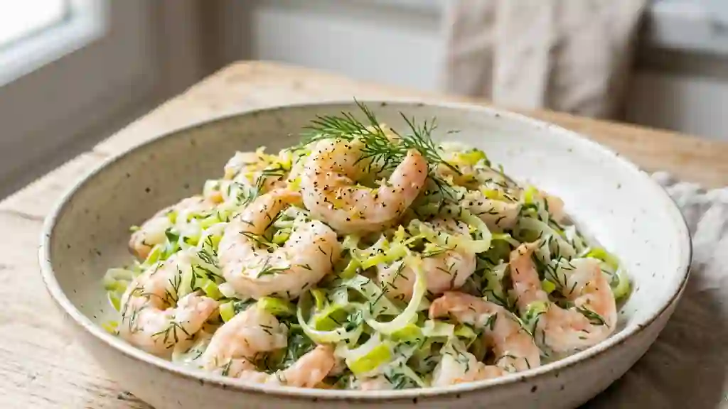 Crevettes et poireaux croquants à l'aneth - Photo de présentation