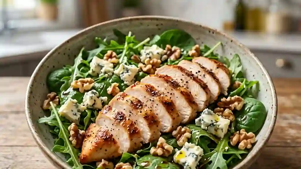 Salade poulet doré, gorgonzola crémeux et noix - Photo de présentation