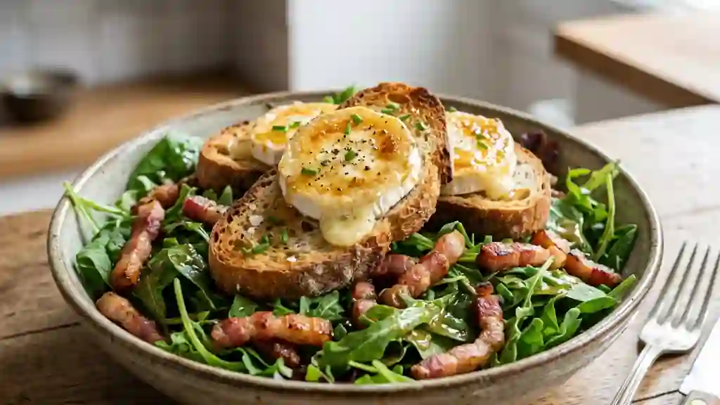 Salade de chèvres chauds fondants et lardons - Photo de présentation