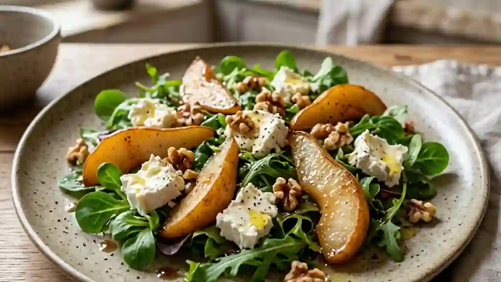 Salade de chèvre fondant et poires laquées - Photo de présentation