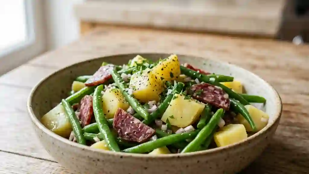Salade croquante haricots, patates et saucisson - Photo de présentation