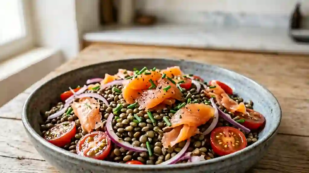Salade de lentilles au saumon et oignon rouge - Photo de présentation