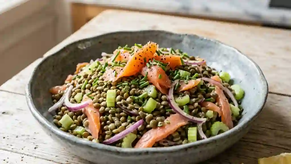 Lentilles croquantes au saumon fumé fondant - Photo de présentation