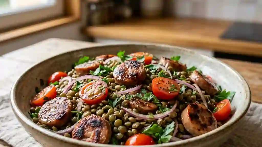 Salade de lentilles tiède aux saucisses croquantes - Photo de présentation