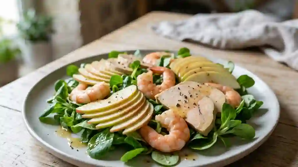 Mâche gourmande au foie gras et crevettes - Photo de présentation