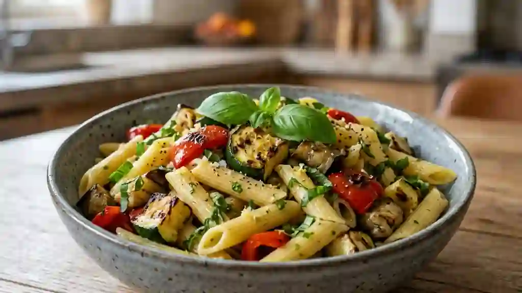 Penne aux légumes grillés & basilic frais - Photo de présentation