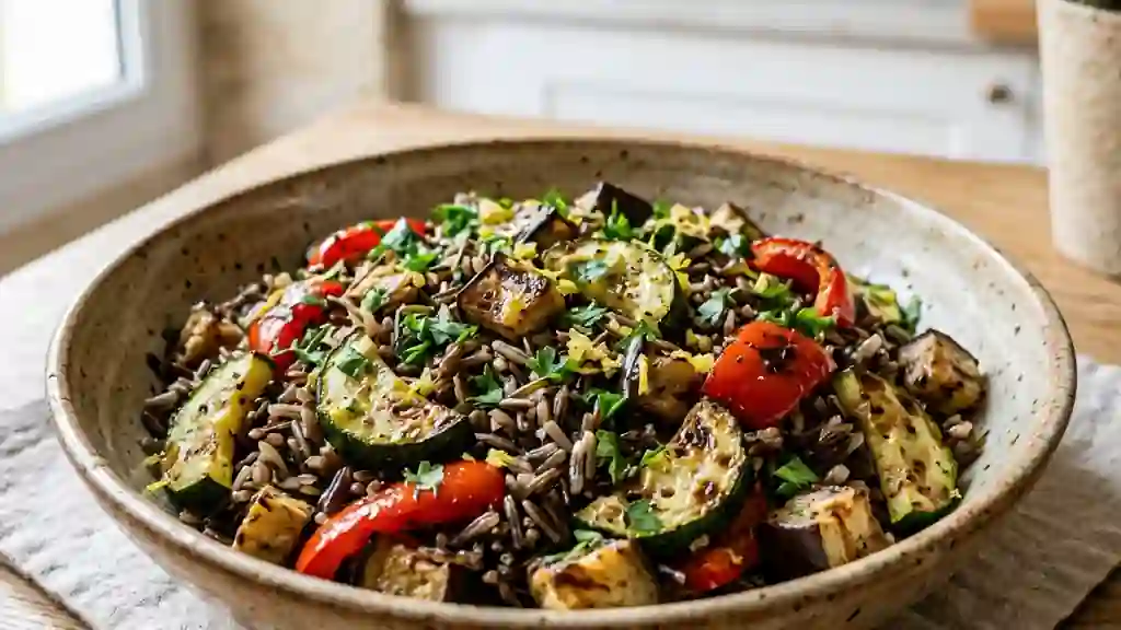 Salade de riz sauvage croquante aux légumes rôtis - Photo de présentation