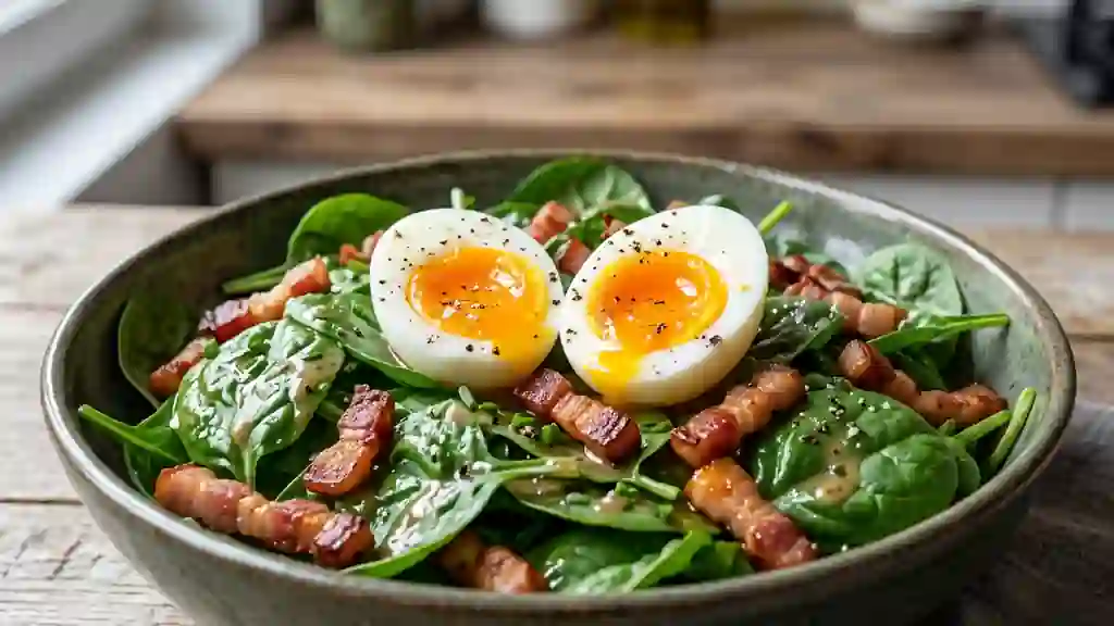 Épinards frais, œufs mollets et lardons fumés - Photo de présentation