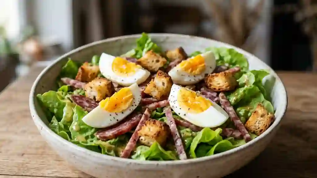 Salade lyonnaise au saucisson et croûtons dorés - Photo de présentation