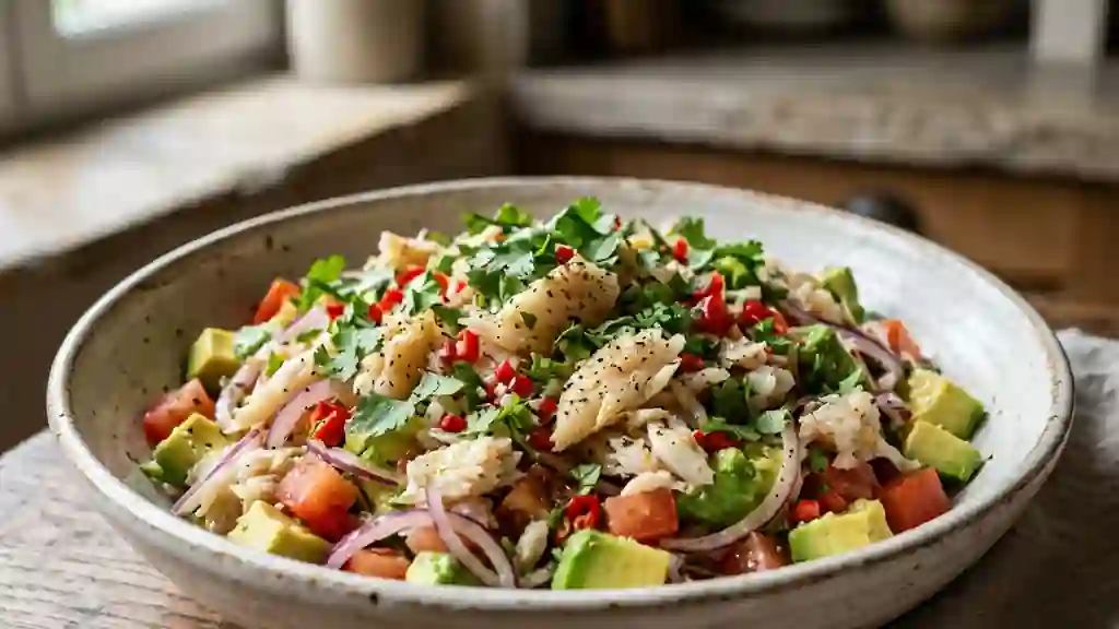 Salade crémeuse avocat, morue et piment - Photo de présentation