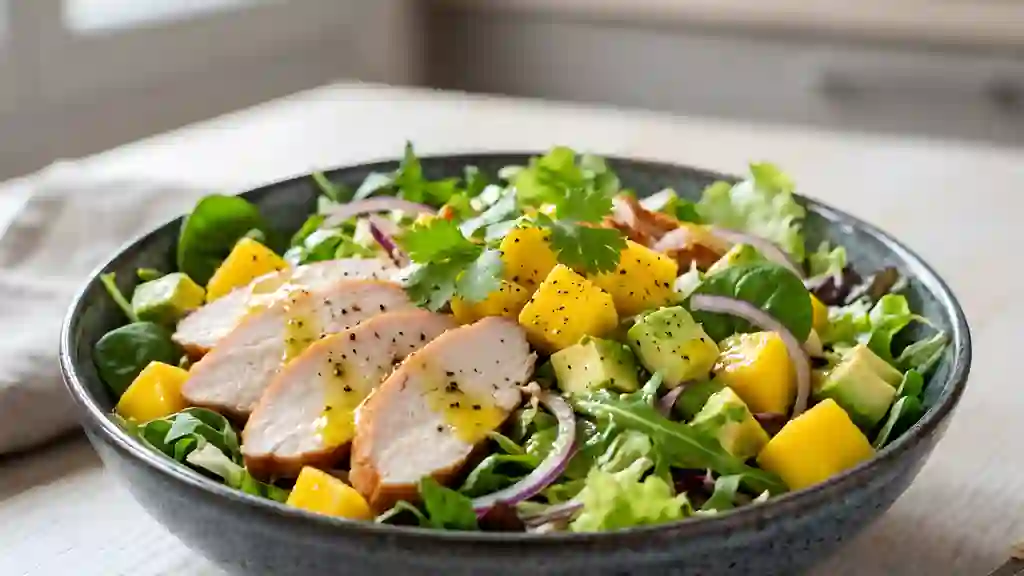 Salade poulet fumé, mangue et avocat fondant - Photo de présentation