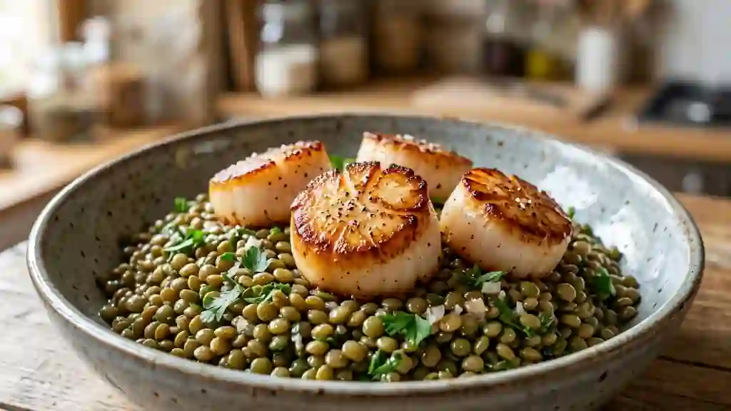 Saint-Jacques dorées et salade de lentilles tiède - Photo de présentation