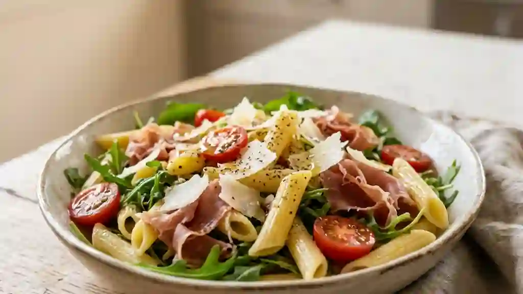Penne tièdes au jambon de Parme et parmesan - Photo de présentation