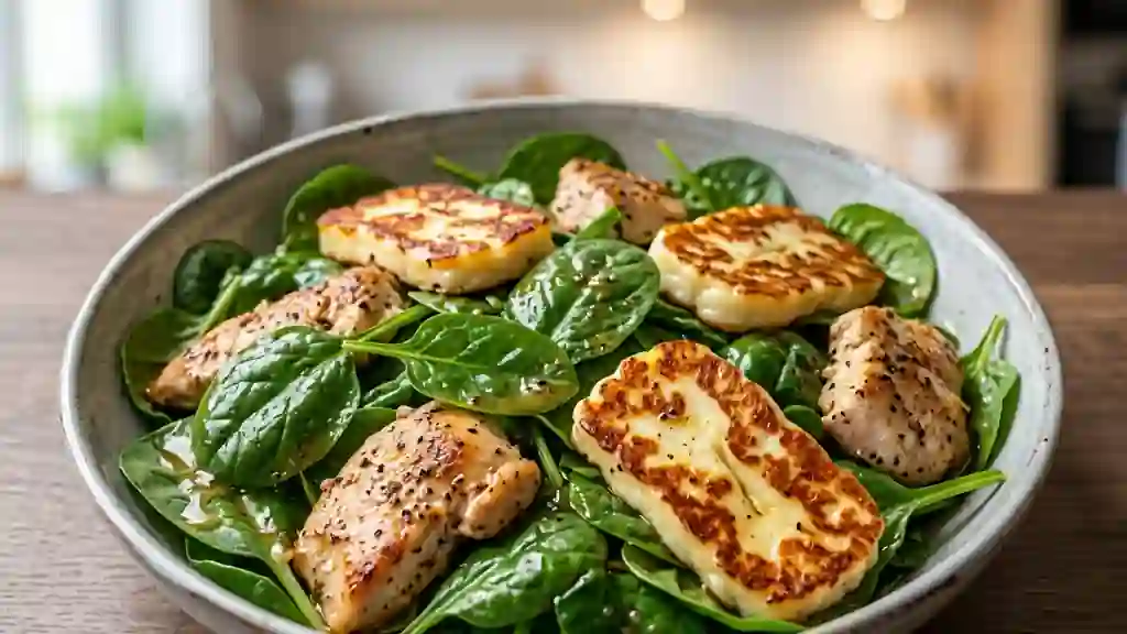 Salade tiède au halloumi doré et poulet miel - Photo de présentation