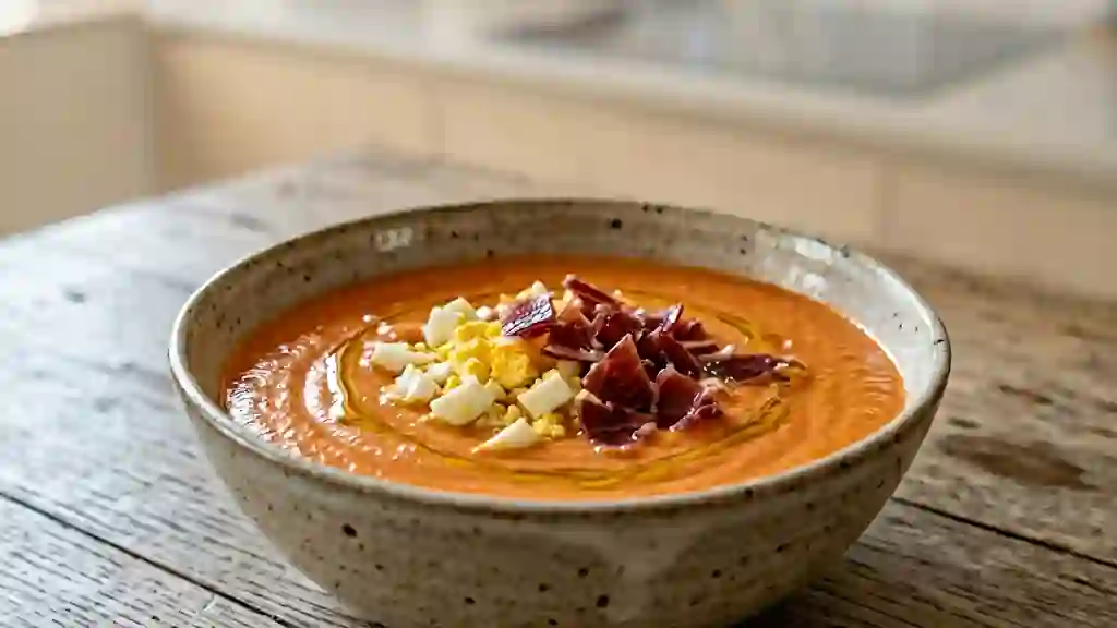 Salmorejo velouté à l'huile d'olive et jambon - Photo de présentation