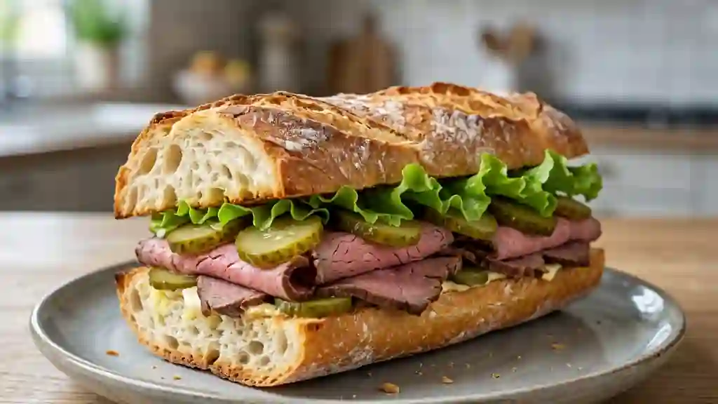 Sandwich bœuf rôti, beurre fondu et cornichons - Photo de présentation
