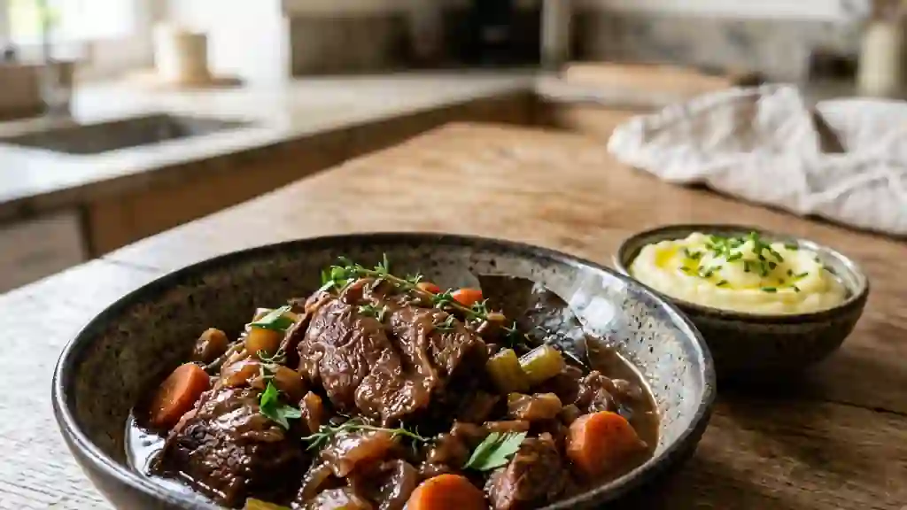 Sanglier à l'étouffée fondant au vin rouge - Photo de présentation