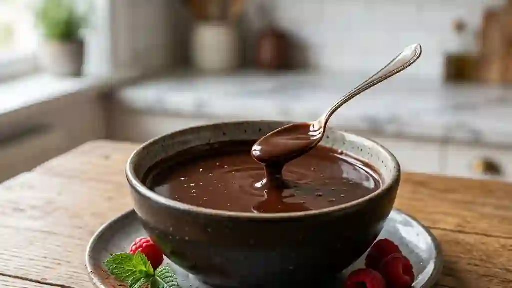 Sauce chocolat veloutée au fini satiné - Photo de présentation