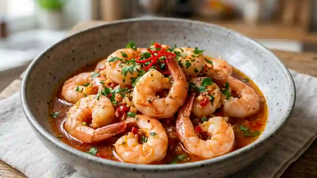 Crevettes sautées ail et piment oiseau - Photo de présentation