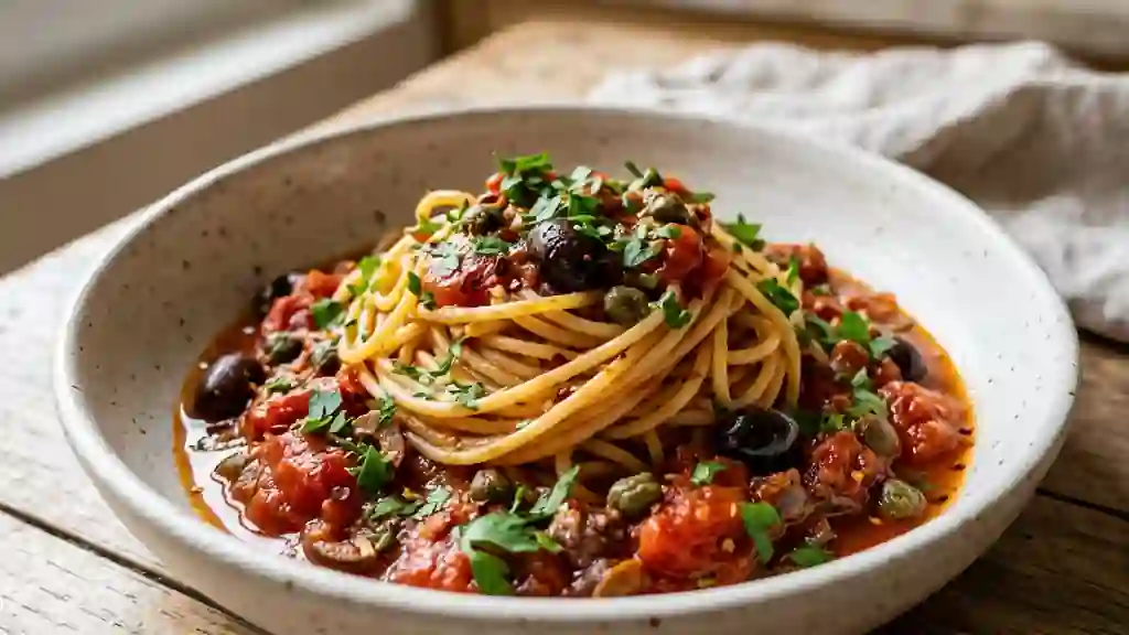 Puttanesca pimentée aux olives et anchois - Photo de présentation