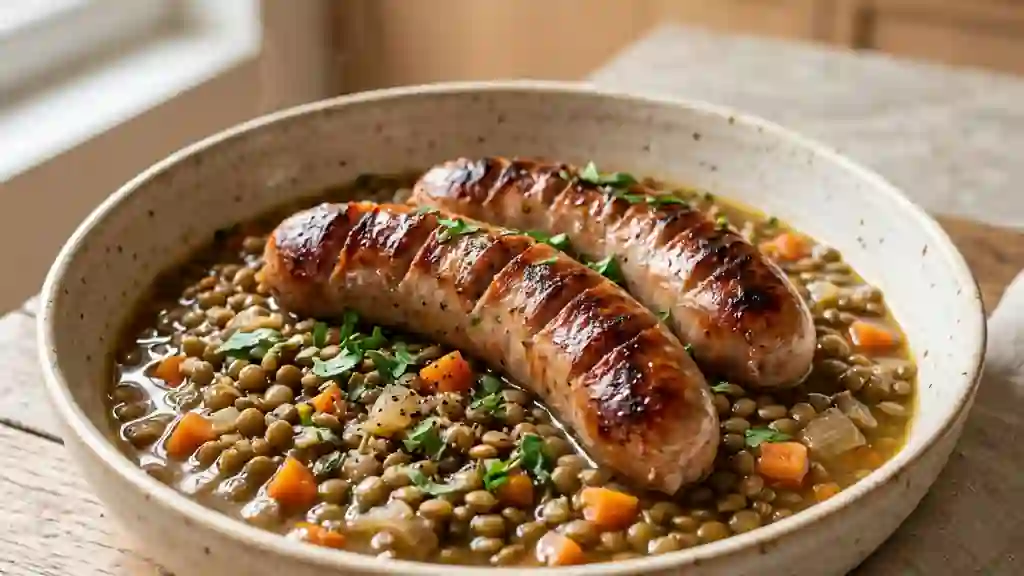 Lentilles fondantes aux saucisses grillées - Photo de présentation