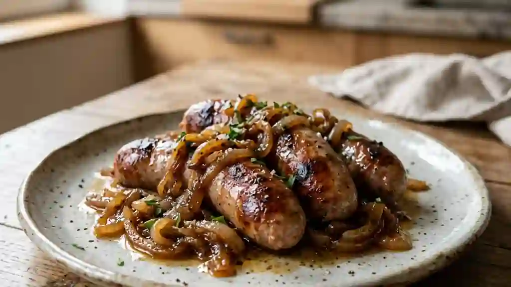 Saucisses dorées aux oignons caramélisés - Photo de présentation