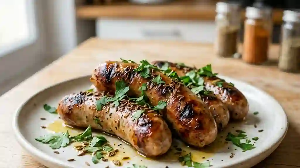 Saucisses dorées au cumin et herbes fraîches - Photo de présentation