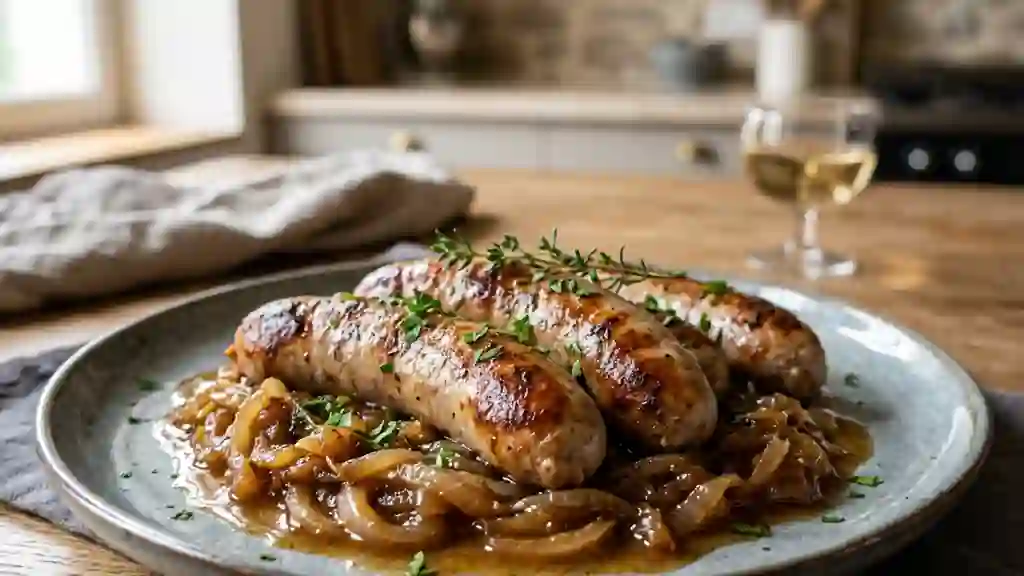 Saucisses fondantes aux oignons caramélisés - Photo de présentation