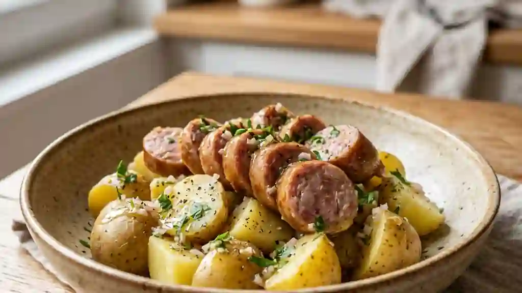 Saucisson chaud et pommes de terre fondantes - Photo de présentation