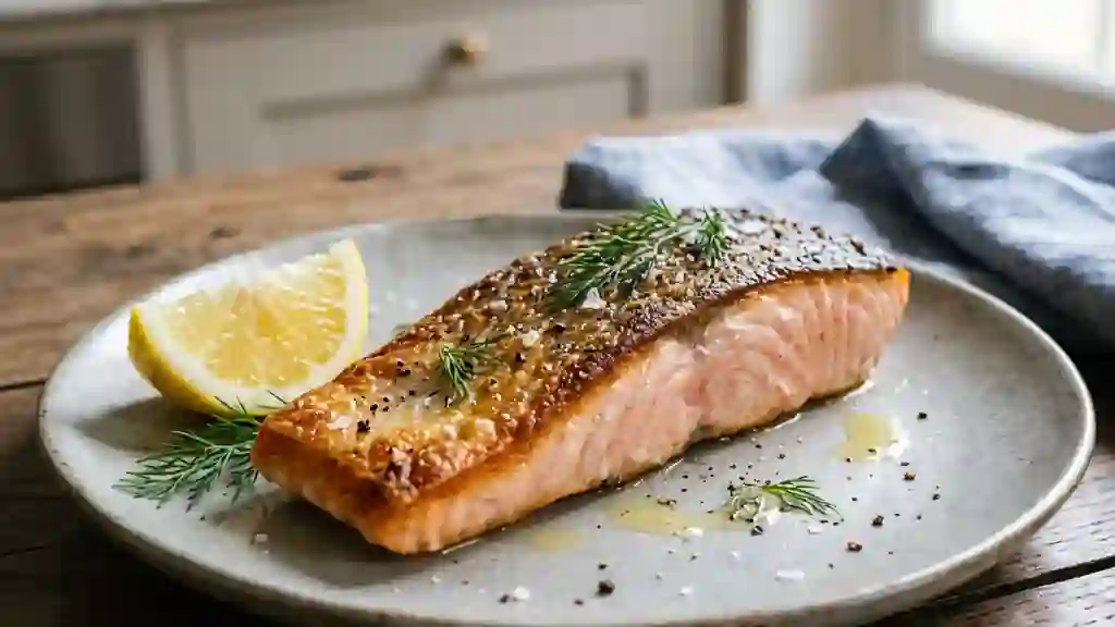 Saumon à l'unilatérale, peau craquante et dorée - Photo de présentation