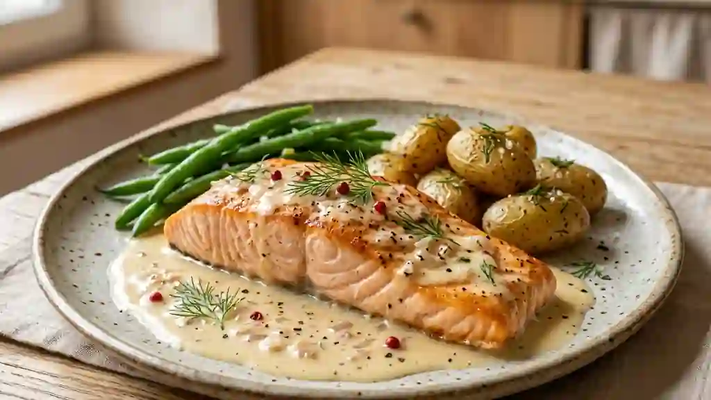 Pavé de saumon rôti, crème onctueuse au champagne - Photo de présentation