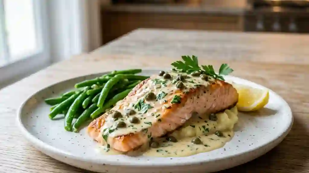 Saumon rôti sauce crème et câpres acidulées - Photo de présentation