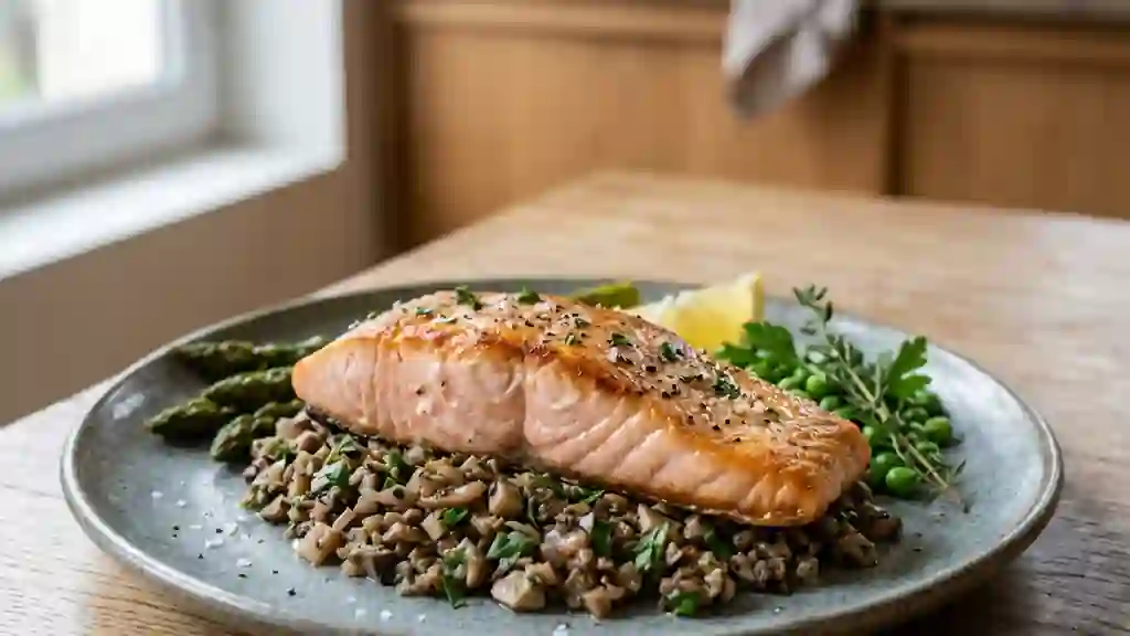 Pavé de saumon rôti, duxelles forestière - Photo de présentation