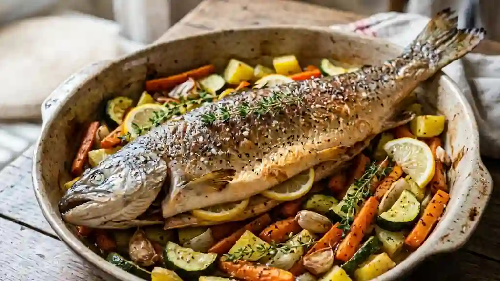 Saumon entier rôti aux légumes fondants - Photo de présentation